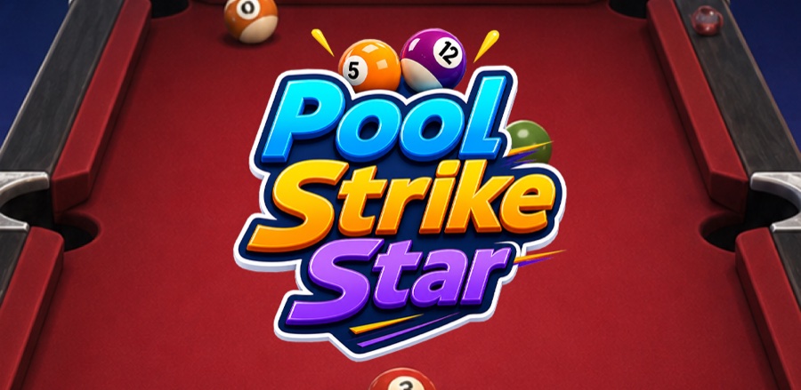 Pool Strike Star logo over a red felt pool table with colorful balls